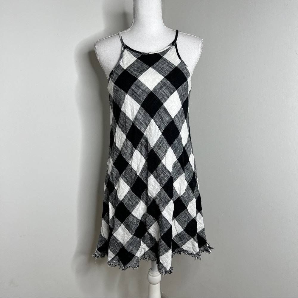 Anthropologie Cloth & Stone Black White Buffalo Plaid Frayed Hem Dress Size S